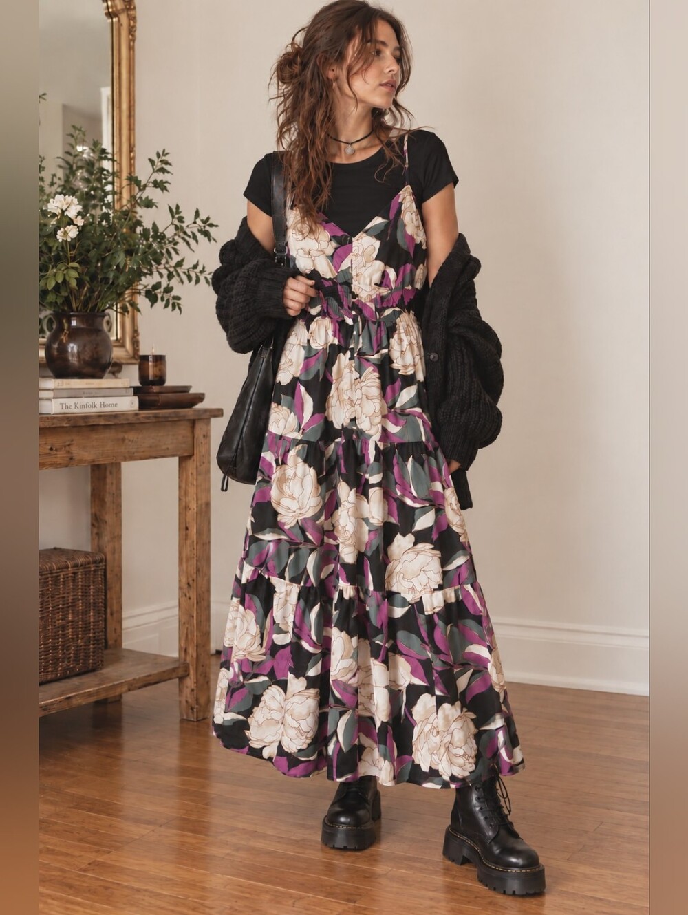 GAP Whimsigoth Tiered Maxi Dress Black & Purple Moody Florals Fairycore XS/S